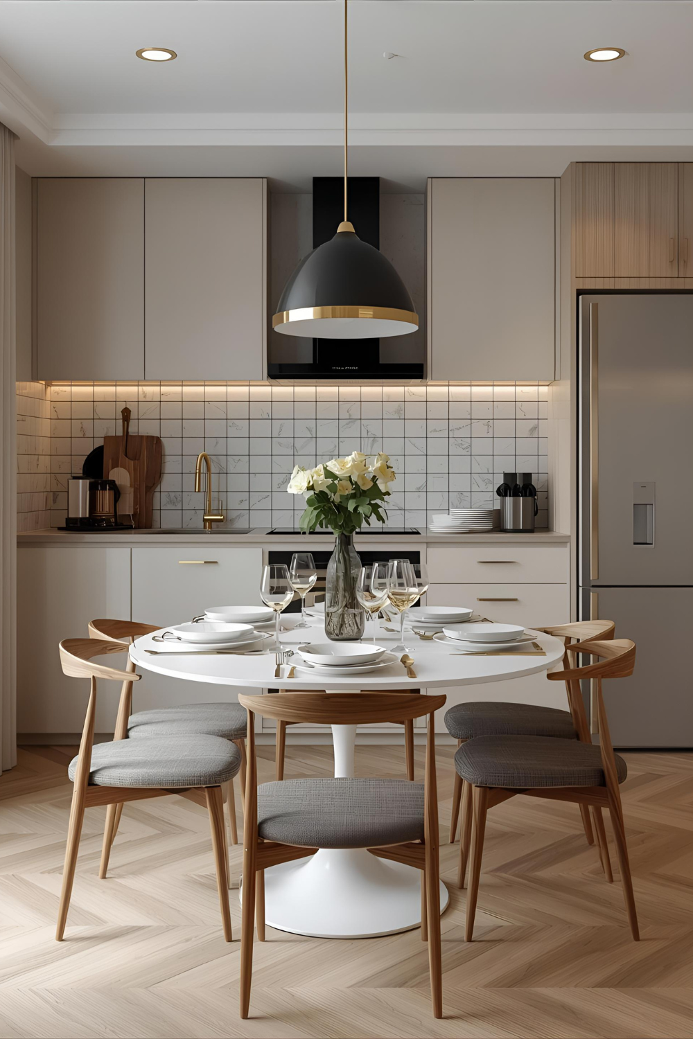 Modern Scandinavian kitchen with soft beige cabinets, round white dining table, 
      gold pendant light, wooden chairs, and a glass vase with fresh white roses — elegant apartment dining decor inspiration.
